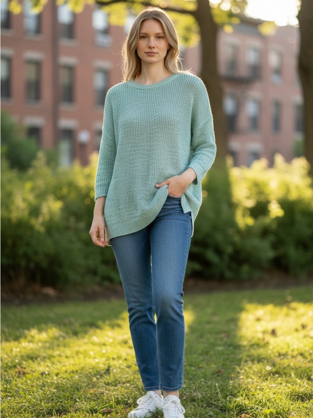 Chicos Light Teal Open Knit Scoop Neck Women’s Tunic Sweater Size 1 - Picture 2 of 8